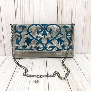 Roberta Freymann Metallic Silver Teal Embroidered Velvet Clutch Purse Boho Glam
